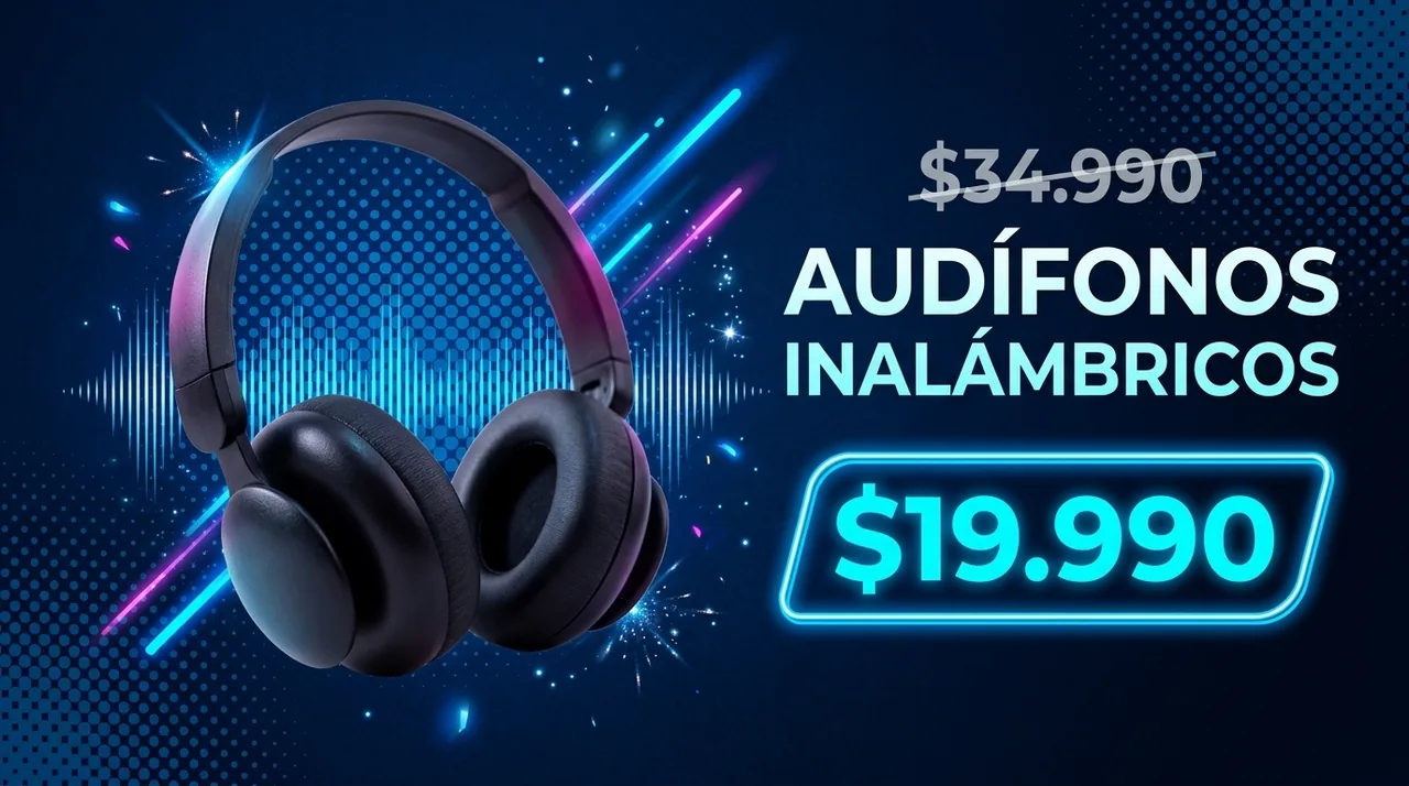 Banner de audífonos inalámbricos a $19.990, generado desde el panel.