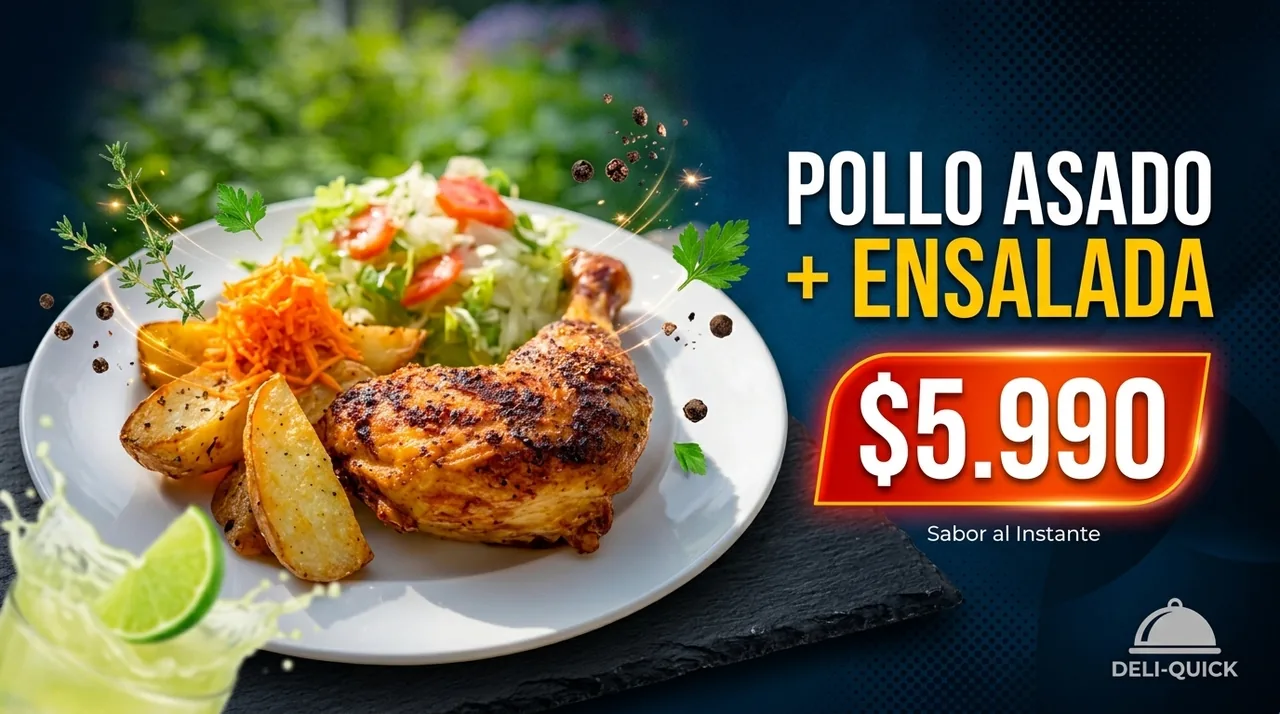 Banner de pollo asado con ensalada a $5.990, generado desde el panel.